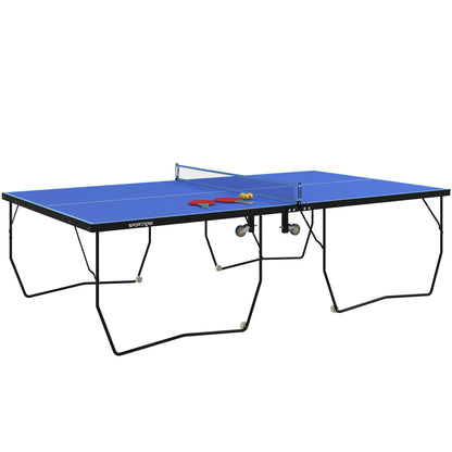 SPORTNOW Tischtennisplatte, Klappbar Tischtennistsich mit Netz, Rollen, 2 Tischtennisschlägern und 3 Bällen, Stahl, Blau, 274 x 152,5 x 76 cm   Aosom