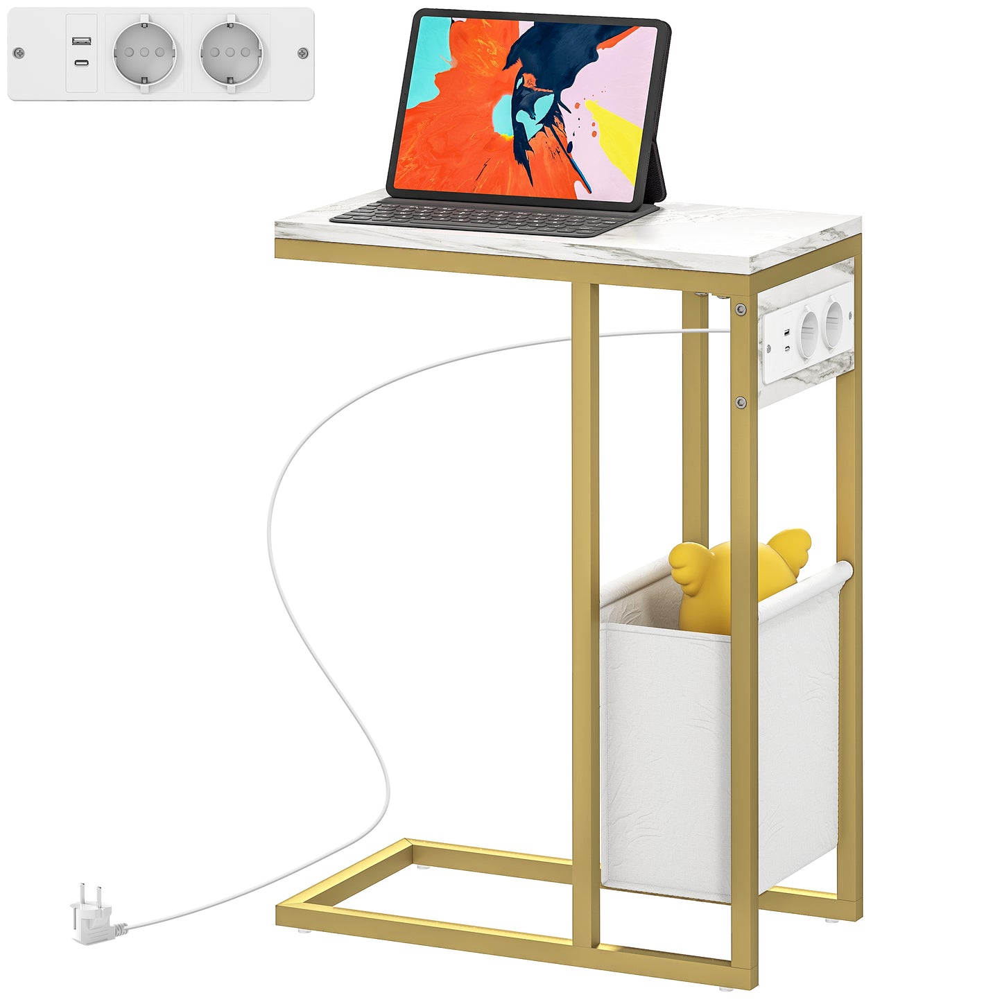 HOMCOM Beistelltisch mit Ladestation, schmaler C-Form Beistelltisch mit Stoffaufbewahrungssack, Marmoroptik-Platte, Stahlrahmen, Couchtisch für Wohnzimmer, Schlafzimmer, 46x25x62,5cm, weiß   Aosom