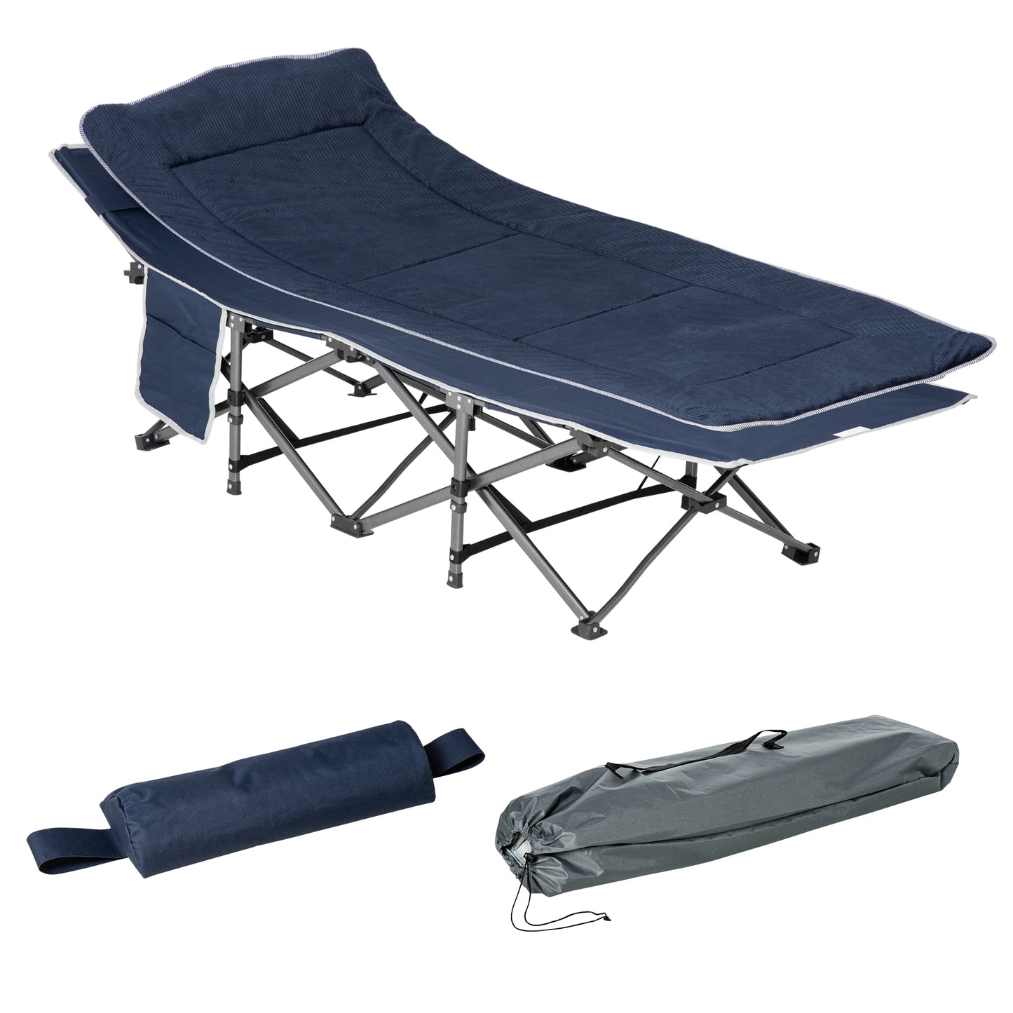 Outsunny Campingbett klappbar Feldbett Klappbett mit Kopfkissen Seitentasche Matratze Gästebett bis 150 kg belastbar Reisen Outdoor Oxford Dunkelblau 188 x 64,5 x 53 cm   Aosom