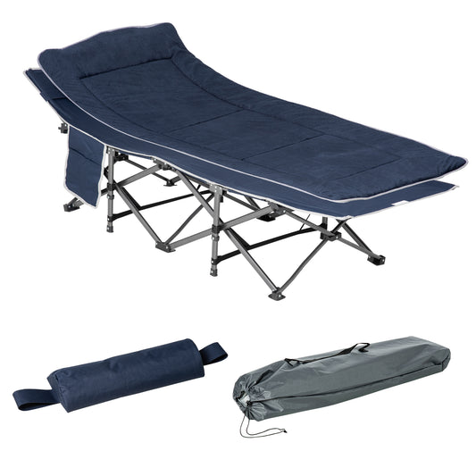 Outsunny Campingbett klappbar Feldbett Klappbett mit Kopfkissen Seitentasche Matratze Gästebett bis 150 kg belastbar Reisen Outdoor Oxford Dunkelblau 188 x 64,5 x 53 cm   Aosom
