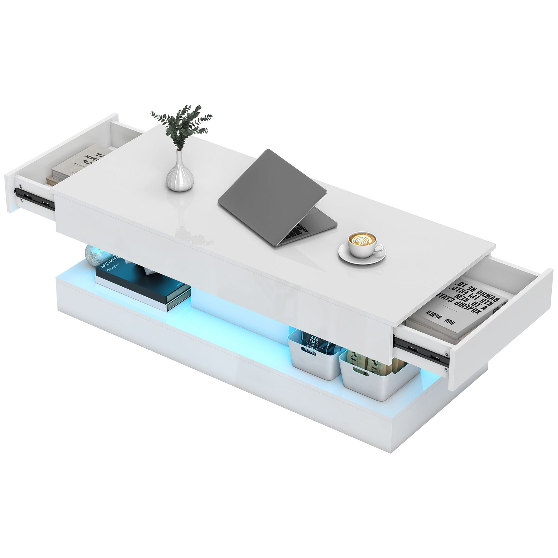 HOMCOM Couchtisch Wohnzimmertisch Hochglanz mit 12-Farbiger LED Beleuchtung Modern Beistelltisch mit 2 Schublade, offenem Regal Kaffeetisch für Wohnzimmer 120 x 50 x 42 cm, Weiß   Aosom