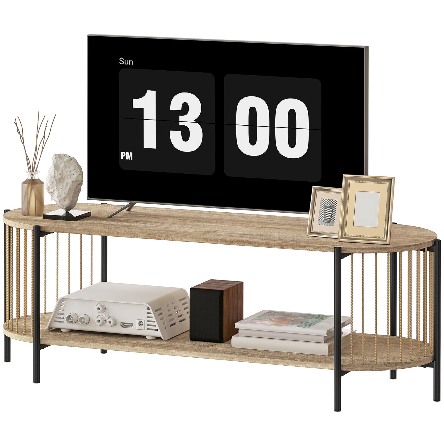 HOMCOM TV-Möbel Boheme TV-Tisch bis zu 55 Zoll mit Design in Papierschnur und 2 offenen Regalen für Wohnzimmer Schlafzimmer 124x43,5x41 cm Natur   Aosom