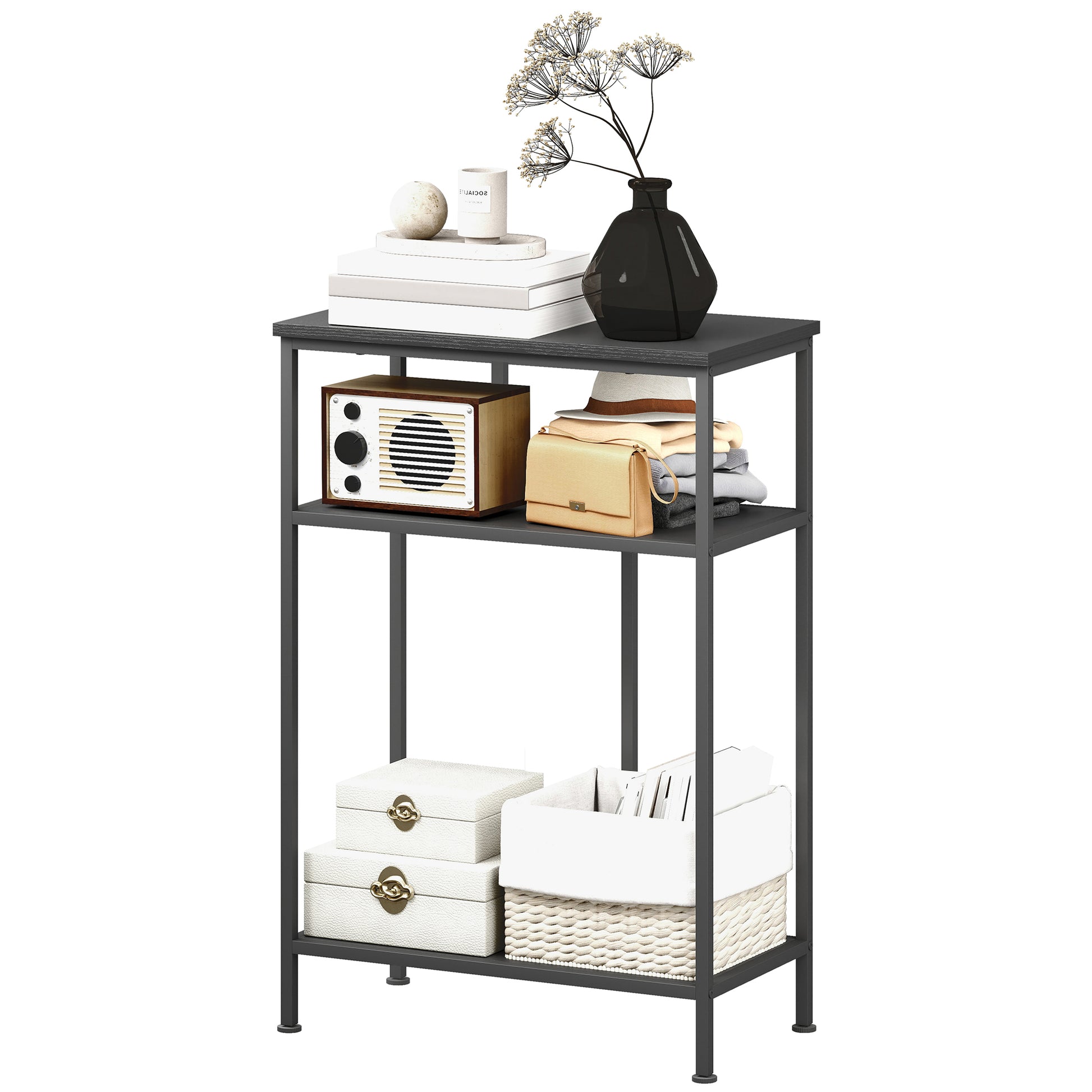 HOMCOM Mobile Consolle mit 3 Regalen, Konsolentisch Eingang mit Metall- und Holzstruktur für Wohnzimmer und Flur, 55x30x81 cm, Schwarz   Aosom