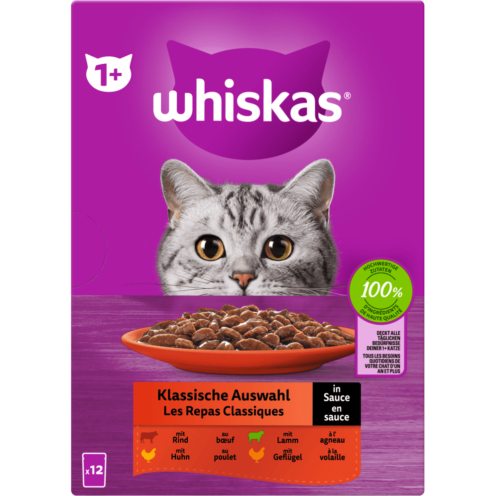 Whiskas 1+ Kla. Auswahl Sauce 12x85g 4er Pack