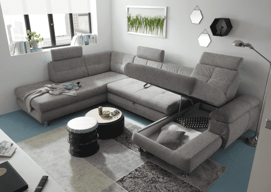 Wohnlandschaft Alba von ED Exciting Design mit Schlaffunktion &amp; Bettkasten – U-Form Sofa aus hochwertigem Brego-Stoff