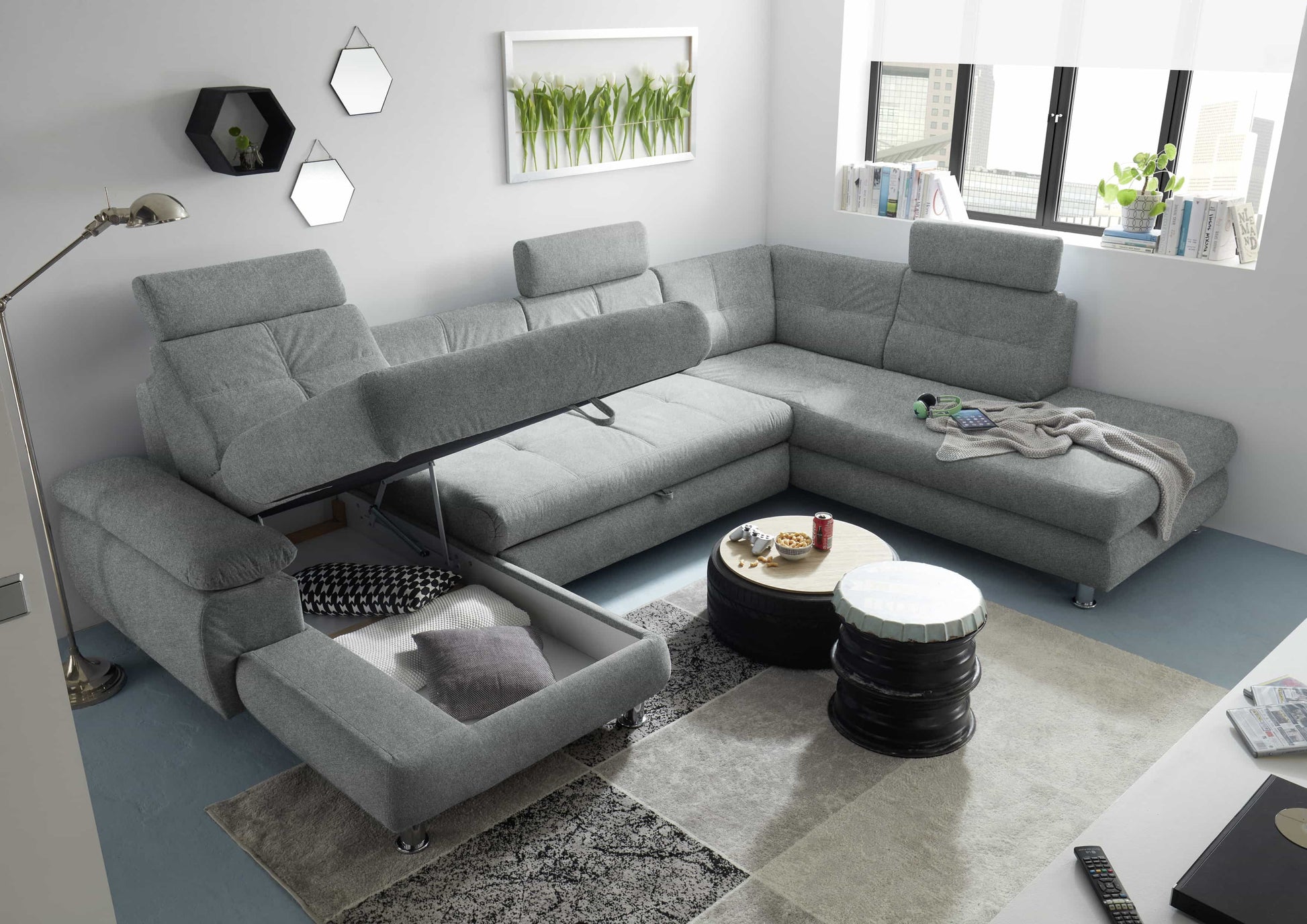 Wohnlandschaft Alba von ED Exciting Design mit Schlaffunktion &amp; Bettkasten – U-Form Sofa aus hochwertigem Brego-Stoff