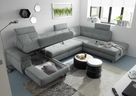 Wohnlandschaft Alba von ED Exciting Design mit Schlaffunktion &amp; Bettkasten – U-Form Sofa aus hochwertigem Brego-Stoff