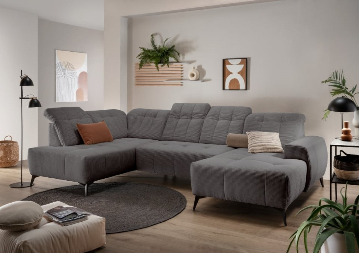 Cord Wohnlandschaft mit Elektrofunktion in Grau: Sano