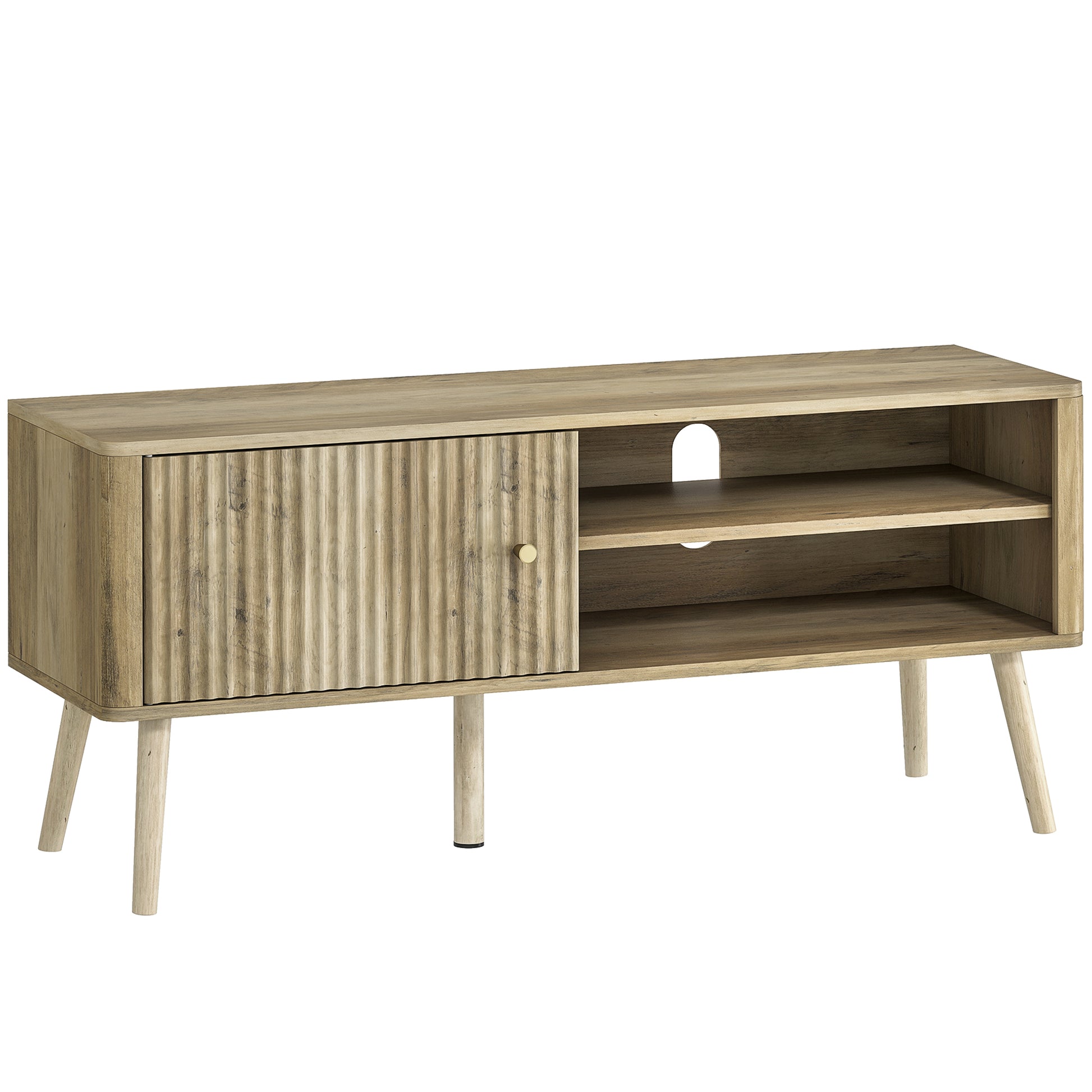 HOMCOM TV‑Lowboard 115 cm – TV‑Möbel für bis zu 55 Zoll, Türschrank & offene Fächer, verstellbares Fach, Kiefernholz‑Beine, Eiche   Aosom