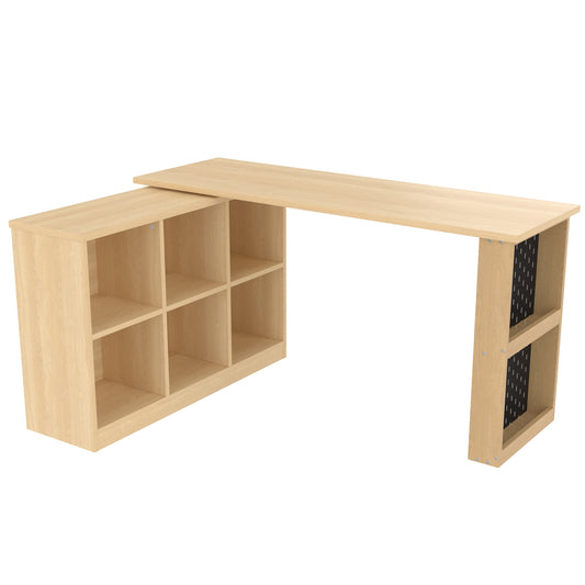 Schreibtisch, Bürotisch mit Lagerschrank 140cm Flexibler veränderbare Form Naturfarbe Sechsfach-Lagerschrank und Ablage Maße 140x104x75cm   Aosom.de