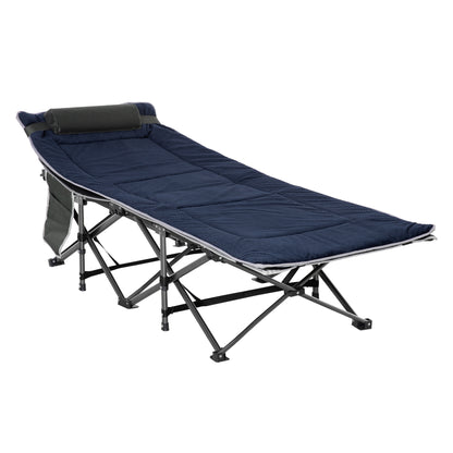 Outsunny Campingbett klappbar Feldbett Klappbett mit Kopfkissen Seitentasche Matratze Gästebett bis 150 kg belastbar Reisen Outdoor Oxford Dunkelblau+Grau 188 x 64,5 x 53 cm   Aosom
