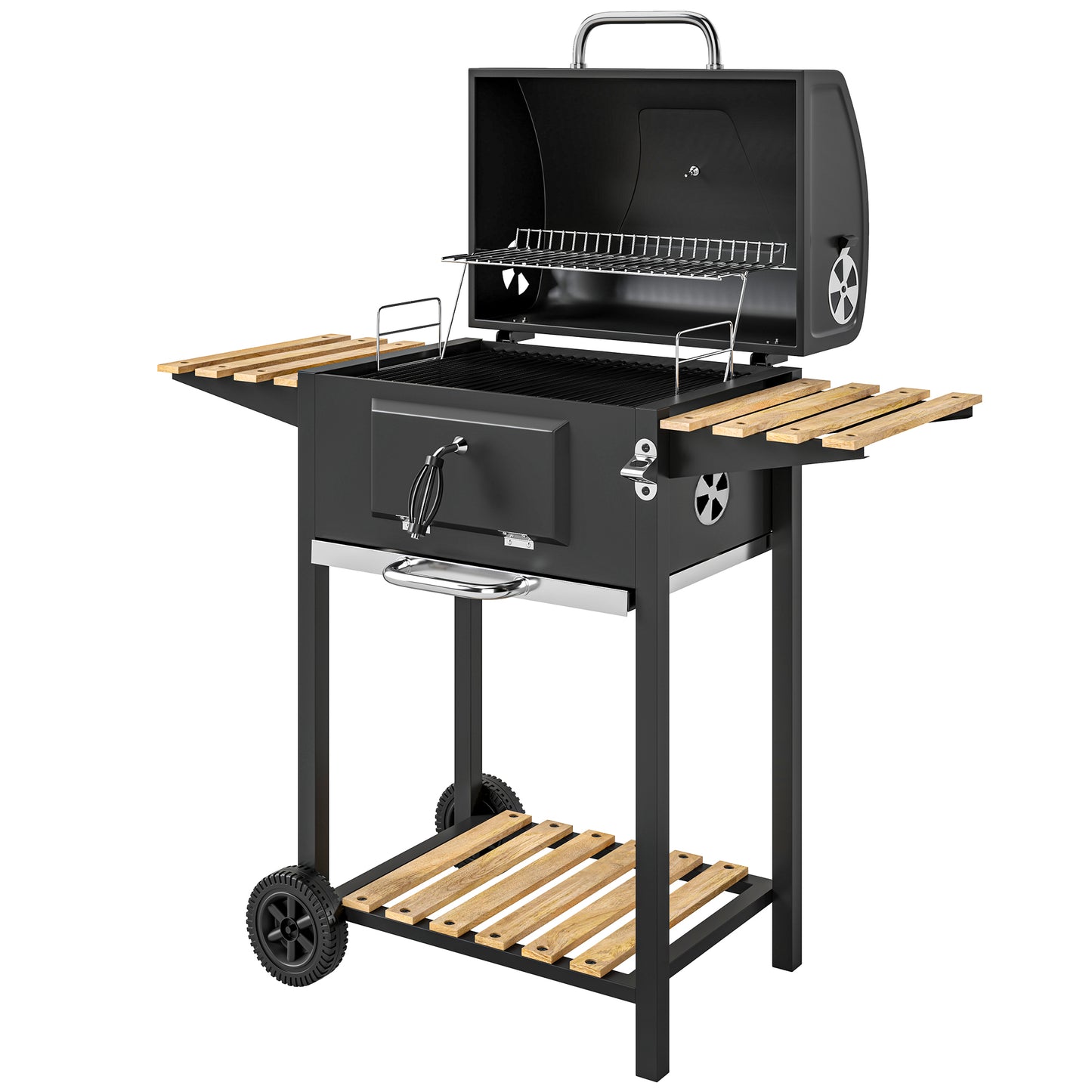 Outsunny Holzkohlegrill aus Edelstahl fahrbar Grillwagen mit Deckel Thermometer Grillrost Räder Griff verstellbar Kohlewanne, Kohlegrillwagen mit Holzablage BBQ Smoker für Camping Garten 112x58x107cm   Aosom