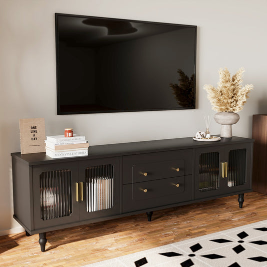 TV-Schrank, großer Stauraum Glastüren schwarz elegant Retro mit Goldgriffen, stabile Beinen, Push-to-Open Schubladen, 175 x 38 x 55,5 cm   Aosom.de