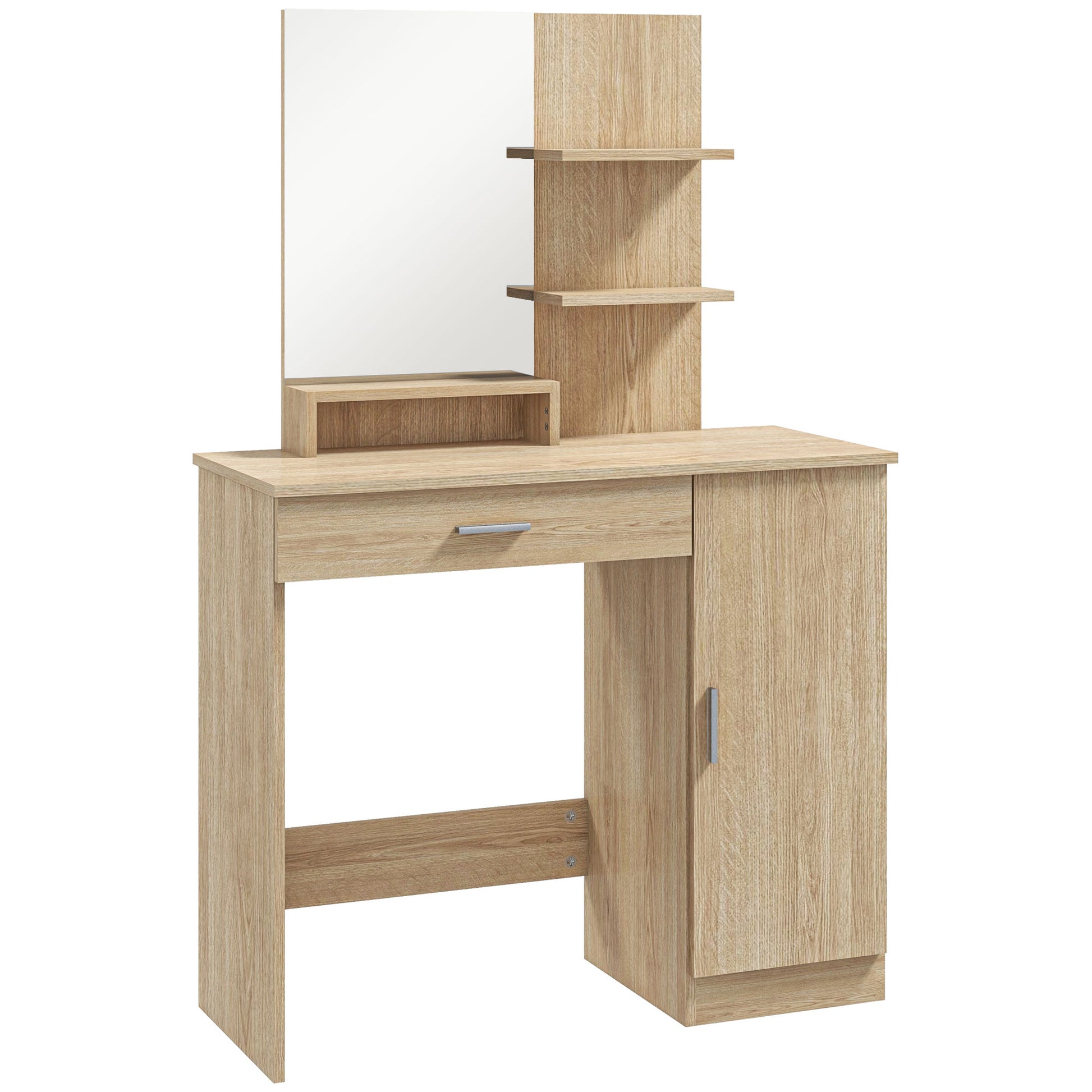 HOMCOM Schminktisch mit Schrank, Schublade, Verstellbaren Regalen, Spiegel, Offenen Regalen, für Schlafzimmer, 90x38x138 cm, Holzfarbe   Aosom