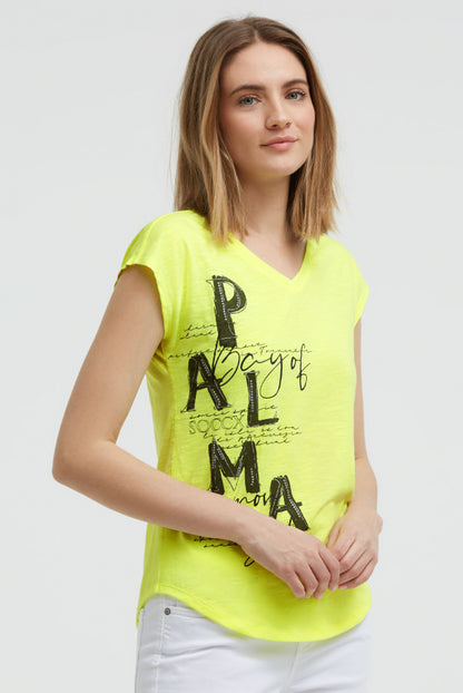 SOCCX A-Shape-Shirt mit V-Ausschnitt und Artwork - neon lime