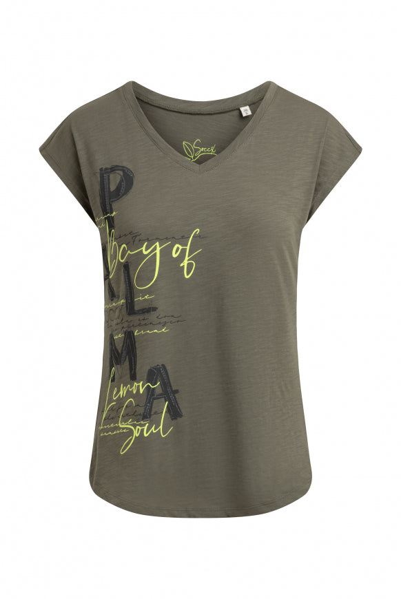 SOCCX A-Shape-Shirt mit V-Ausschnitt und Artwork - desert olive
