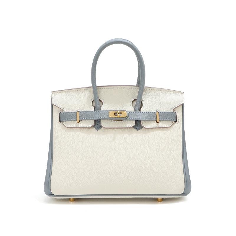 Kopfschicht-Rindsleder-Platin-Tasche, echtes Leder, Damentasche, große Kapazität, Handtasche, Damen, High-End-Sense, Pendler-Schultertasche 25CM weiß/blau