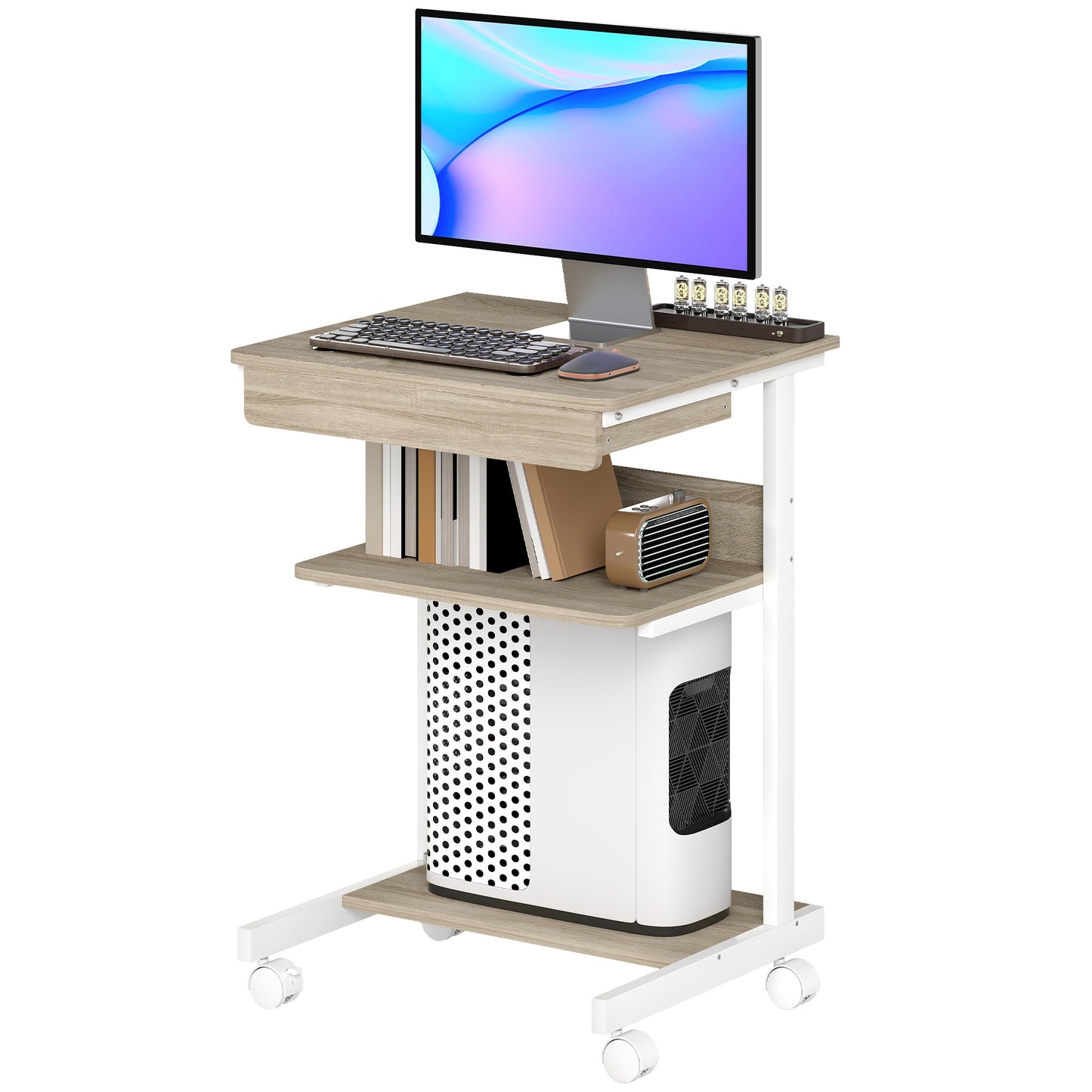 HOMCOM Schreibtisch mit Rollen Computertisch platzsparender Bürotisch mit CPU-Ständer, Schublade, Ablage, PC Tisch für Home Office, Schlafzimmer Eiche   Aosom