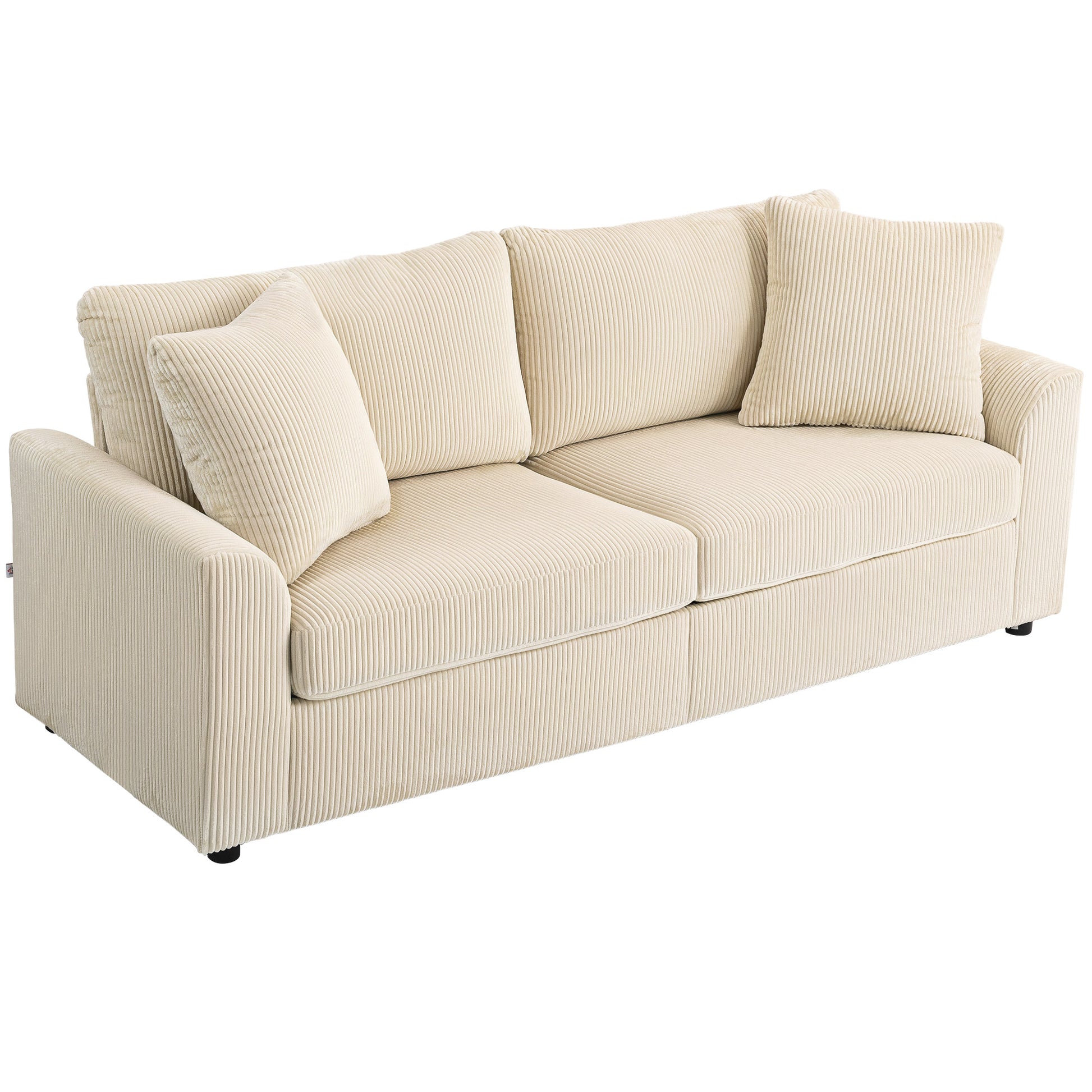 HOMCOM 3-Sitzer Sofa, Couch mit Armlehnen, Wurfkissen, Polstersofa mit Cordbezug, Dick Gepolstert Loungesofa bis 450 kg für Wohnzimmer, Schlafzimmer 212 x 80 x 88 cm, Cremeweiß   Aosom