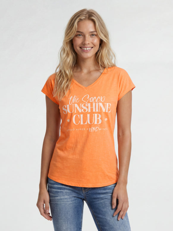 SOCCX Ärmelloses Shirt mit V-Ausschnitt und Wording Print - neon apricot