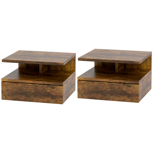 HOMCOM Set mit 2 Schwebende Nachttische für Schlafzimmer, Moderne Nachttische mit Schublade und Oberregal aus Holz, 35x32x22.5cm, Rustikales Braun   Aosom