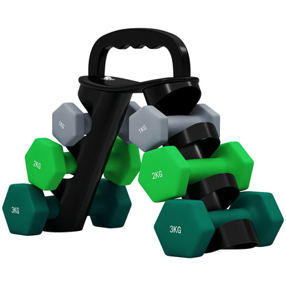 SPORTNOW Set von Hanteln mit Klappbarem Ständer, 2x1 kg, 2x2 kg, 2x3 kg, Sechseckige Metallhanteln mit Griff, Fitness-Training Zuhause, Multicolor   Aosom