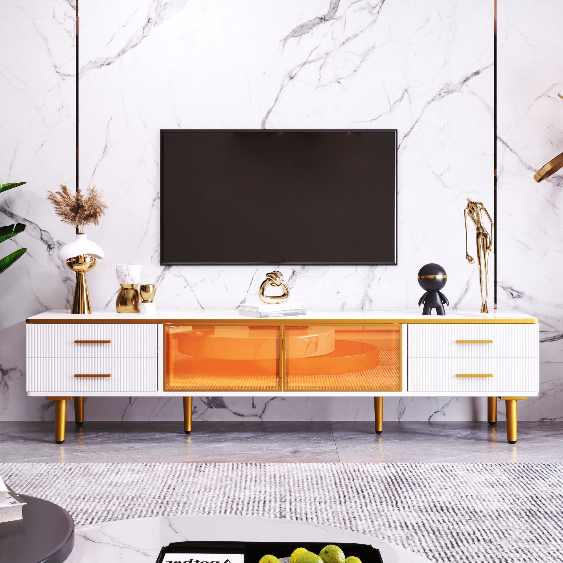 TV-Schrank 170x47 cm Weiß und Gold Glas Aluminium LED-Beleuchtung 4 Schubladen 2 Türen vergoldete Griffe Modernes Design Wohnzimmer   Aosom.de