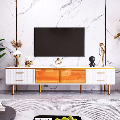 TV-Schrank 170x47 cm Weiß und Gold Glas Aluminium LED-Beleuchtung 4 Schubladen 2 Türen vergoldete Griffe Modernes Design Wohnzimmer   Aosom.de