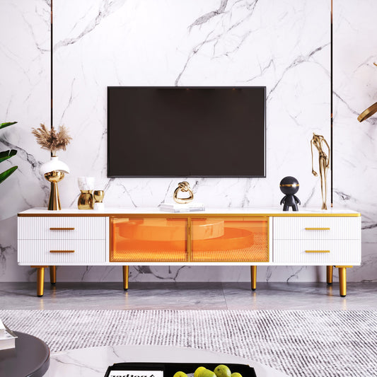 TV-Schrank 170x47 cm Weiß und Gold Glas Aluminium LED-Beleuchtung 4 Schubladen 2 Türen vergoldete Griffe Modernes Design Wohnzimmer   Aosom.de