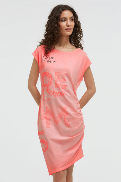SOCCX Asymetrisches Jerseykleid mit Print und Raffung - neon flame