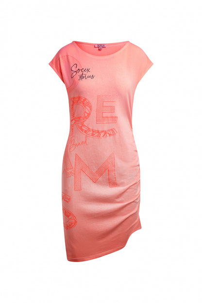 SOCCX Asymetrisches Jerseykleid mit Print und Raffung - neon flame