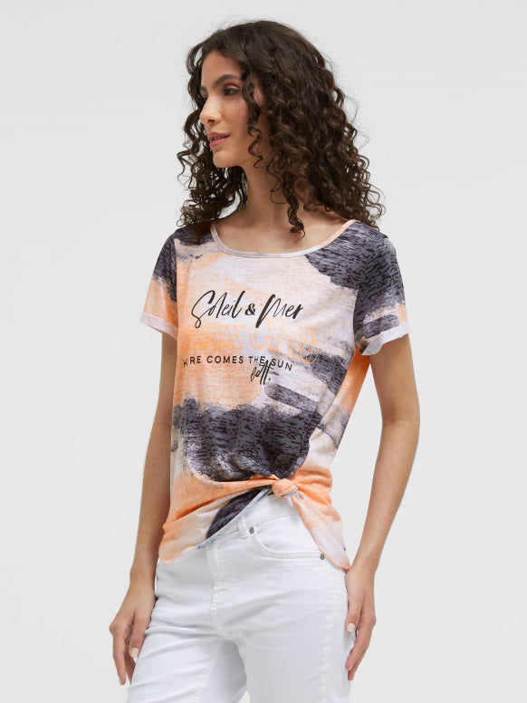 SOCCX Ausbrenner-Shirt mit All Over Print und Knotensaum - neon apricot