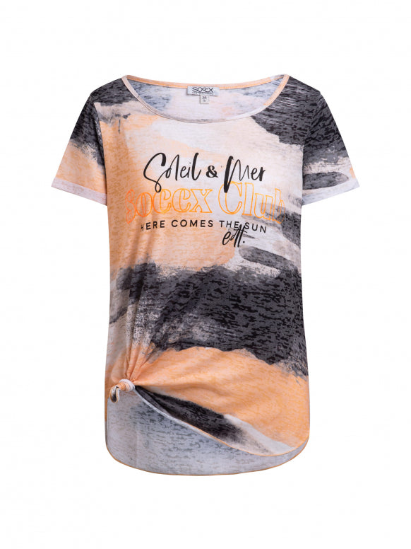 SOCCX Ausbrenner-Shirt mit All Over Print und Knotensaum - neon apricot