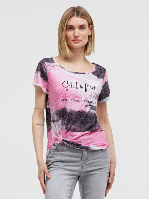 SOCCX Ausbrenner-Shirt mit All Over Print und Knotensaum - vivid pink