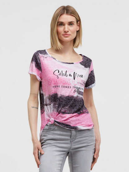 SOCCX Ausbrenner-Shirt mit All Over Print und Knotensaum - vivid pink