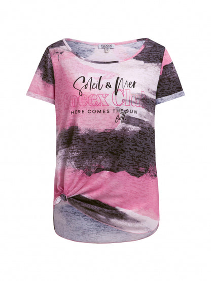 SOCCX Ausbrenner-Shirt mit All Over Print und Knotensaum - vivid pink