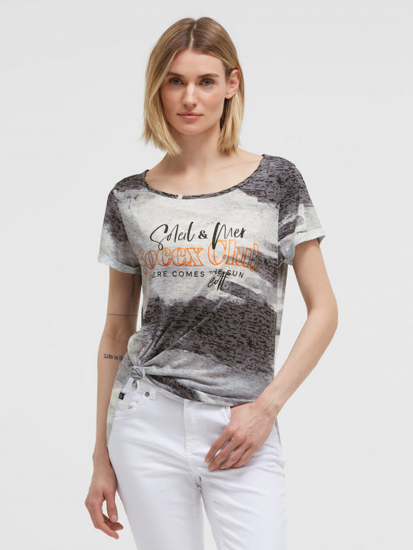 SOCCX Ausbrenner-Shirt mit All Over Print und Knotensaum - charcoal mist