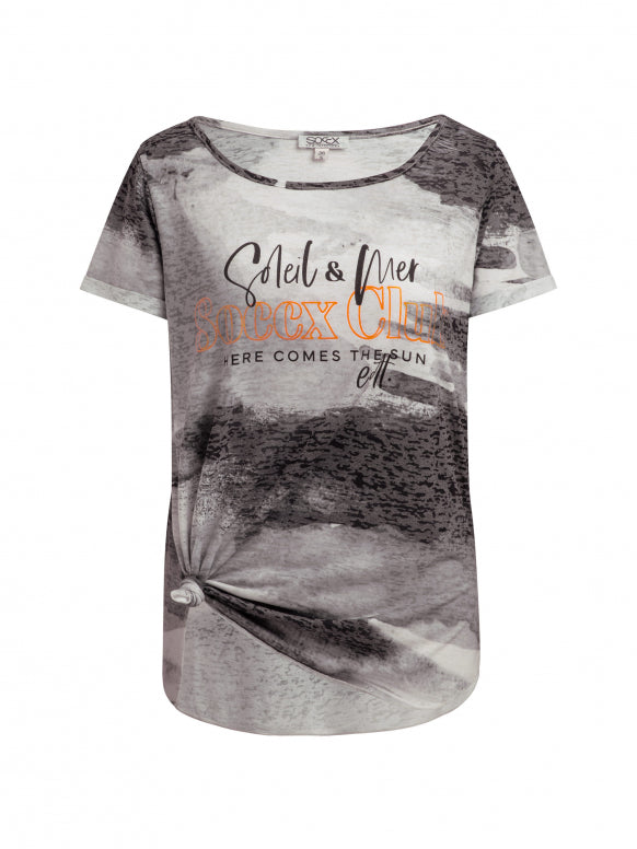 SOCCX Ausbrenner-Shirt mit All Over Print und Knotensaum - charcoal mist