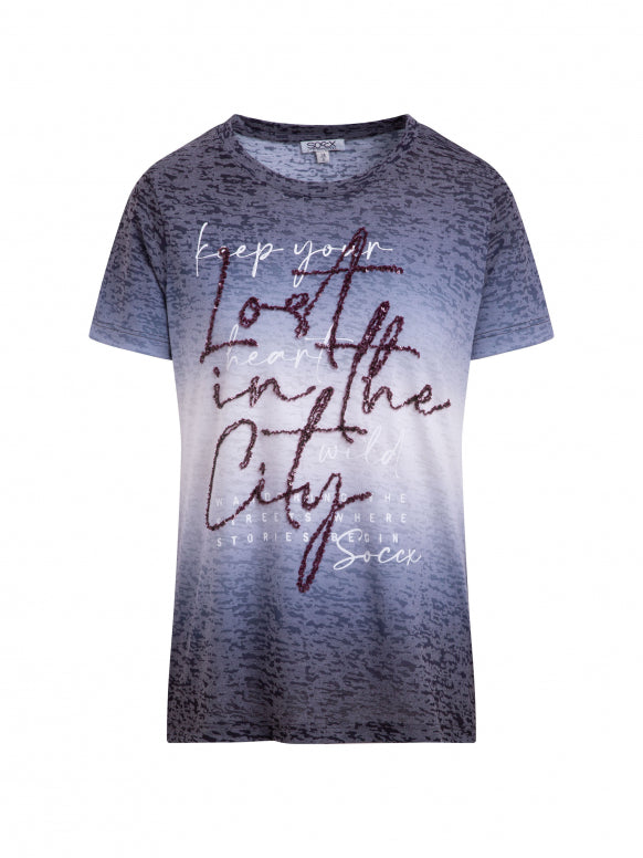 SOCCX Ausbrenner-Shirt mit Farbverlauf und Pailletten-Wording - black