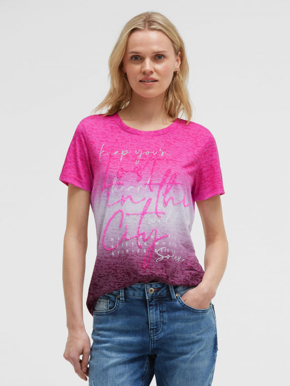 SOCCX Ausbrenner-Shirt mit Farbverlauf und Pailletten-Wording - rosy neon