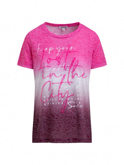 SOCCX Ausbrenner-Shirt mit Farbverlauf und Pailletten-Wording - rosy neon