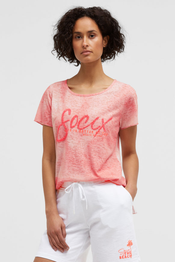 SOCCX Ausbrenner-T-Shirt mit Pailletten - Wording - neon coral