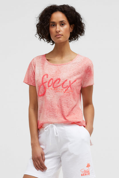SOCCX Ausbrenner-T-Shirt mit Pailletten - Wording - neon coral