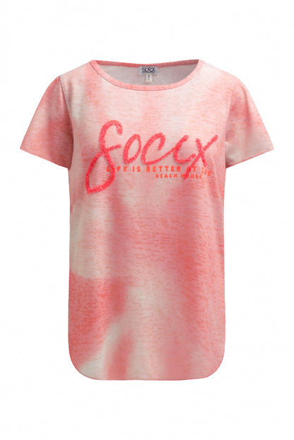SOCCX Ausbrenner-T-Shirt mit Pailletten - Wording - neon coral