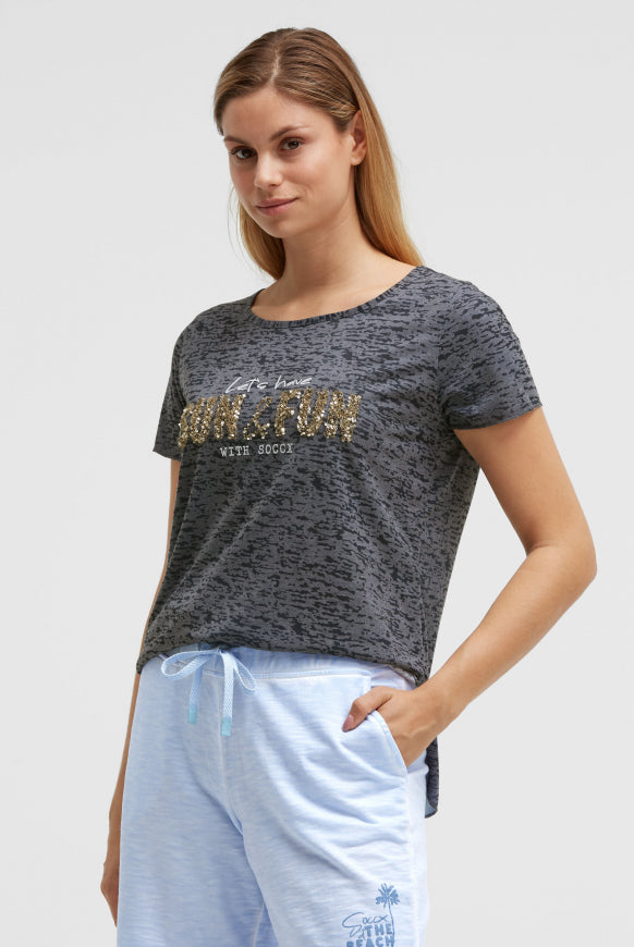 SOCCX Ausbrenner-T-Shirt mit Pailletten-Wording - grey bay