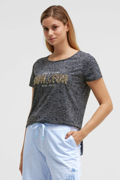SOCCX Ausbrenner-T-Shirt mit Pailletten-Wording - grey bay