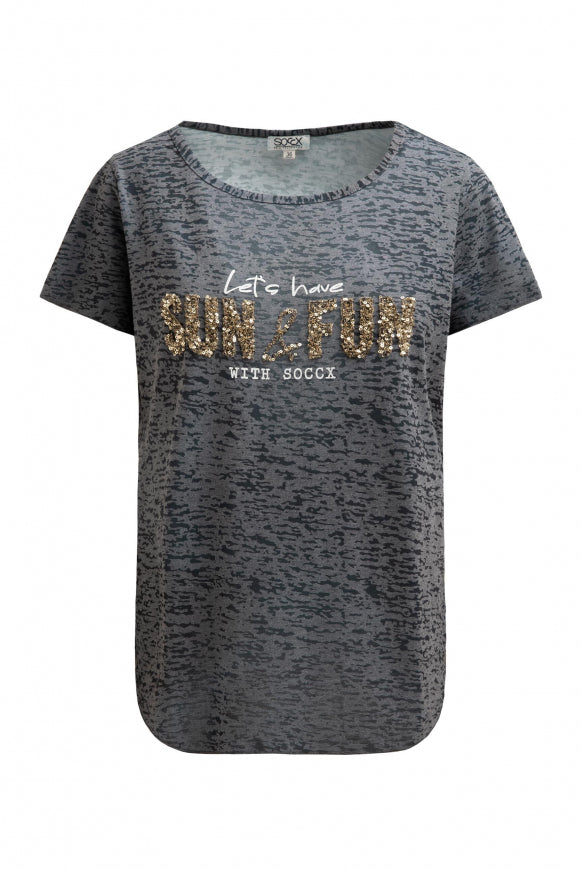 SOCCX Ausbrenner-T-Shirt mit Pailletten-Wording - grey bay