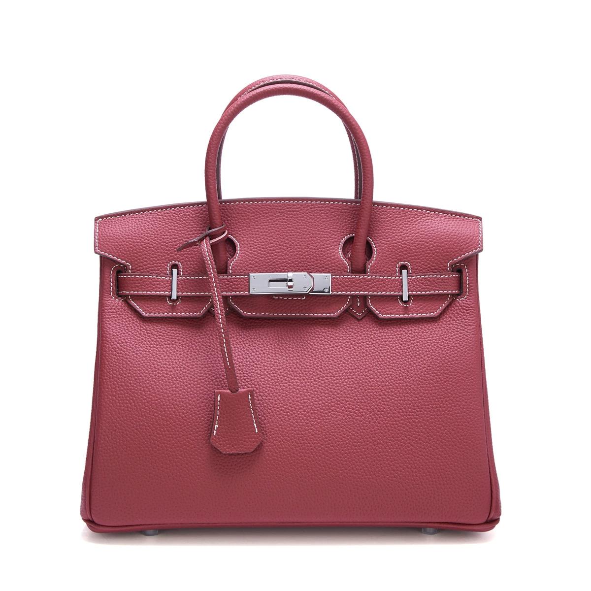 Neue Tasche aus Platin mit silberner Schnalle aus Metall, echtes Leder, große Kapazität, handliche Damentasche, Umhängetasche aus Rindsleder mit Litschi-Muster 30x17x22cm wein rot