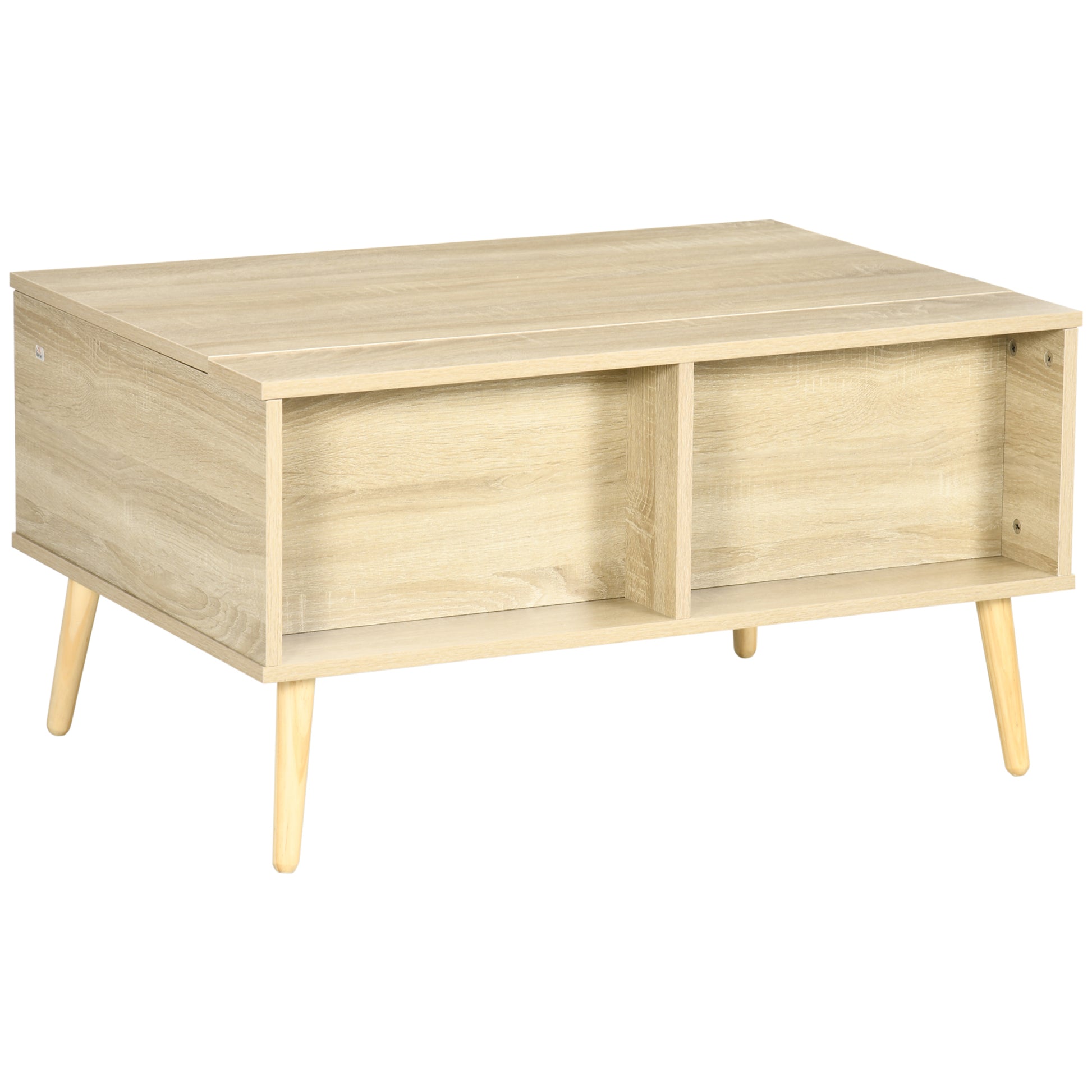 HOMCOM Rechteckiger Couchtisch Wohnzimmertisch mit klappbarem Tablett 2 Fächern und Truhe aus Holzmaßen 85L x 60B x 59,5H cm helle Holzoptik   Aosom