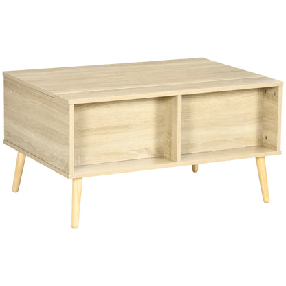 HOMCOM Rechteckiger Couchtisch Wohnzimmertisch mit klappbarem Tablett 2 Fächern und Truhe aus Holzmaßen 85L x 60B x 59,5H cm helle Holzoptik   Aosom